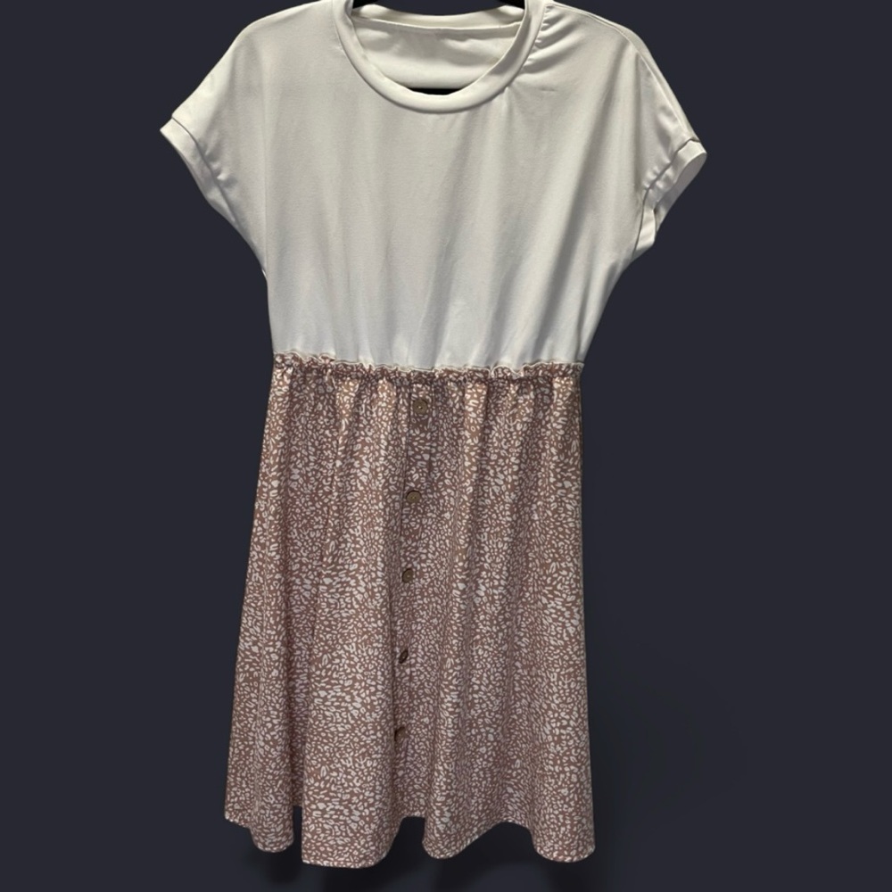 NWOT SHEIN White Top Brown Patterned Button A-Line Dress Women's L (8/10)